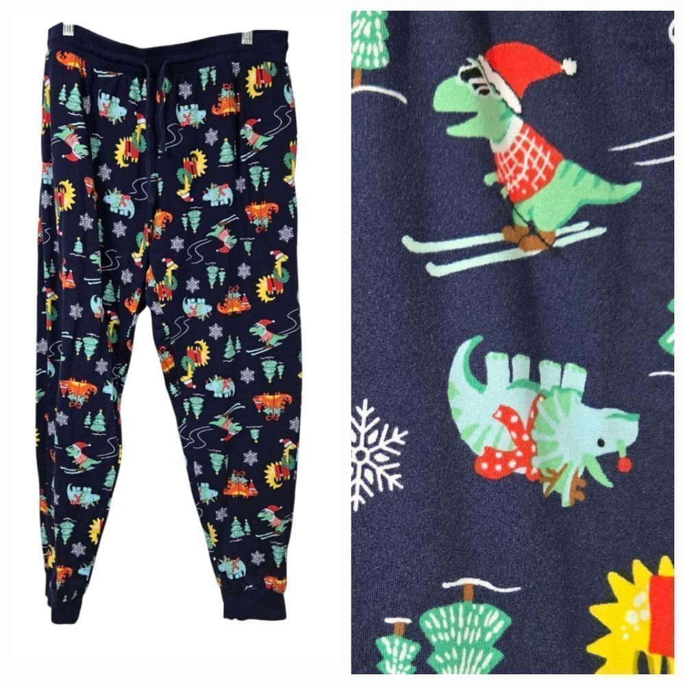 Women's Christmas Dinosaur Holiday Pajama Bottoms Lounge Pant Navy Dino Winter